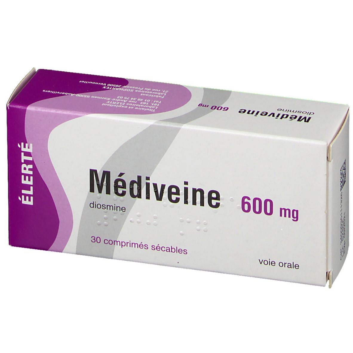 Boîte de Médiveine 600 mg. Emballage blanc et violet. Nom, dosage et 30 comprimés sécables.