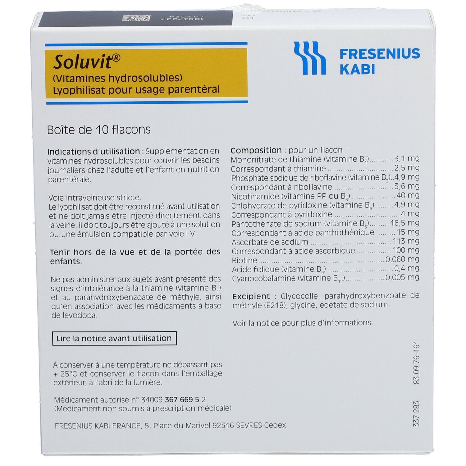 Fresenius Kabi Soluvit® Lyophilisat pour usage parentéral