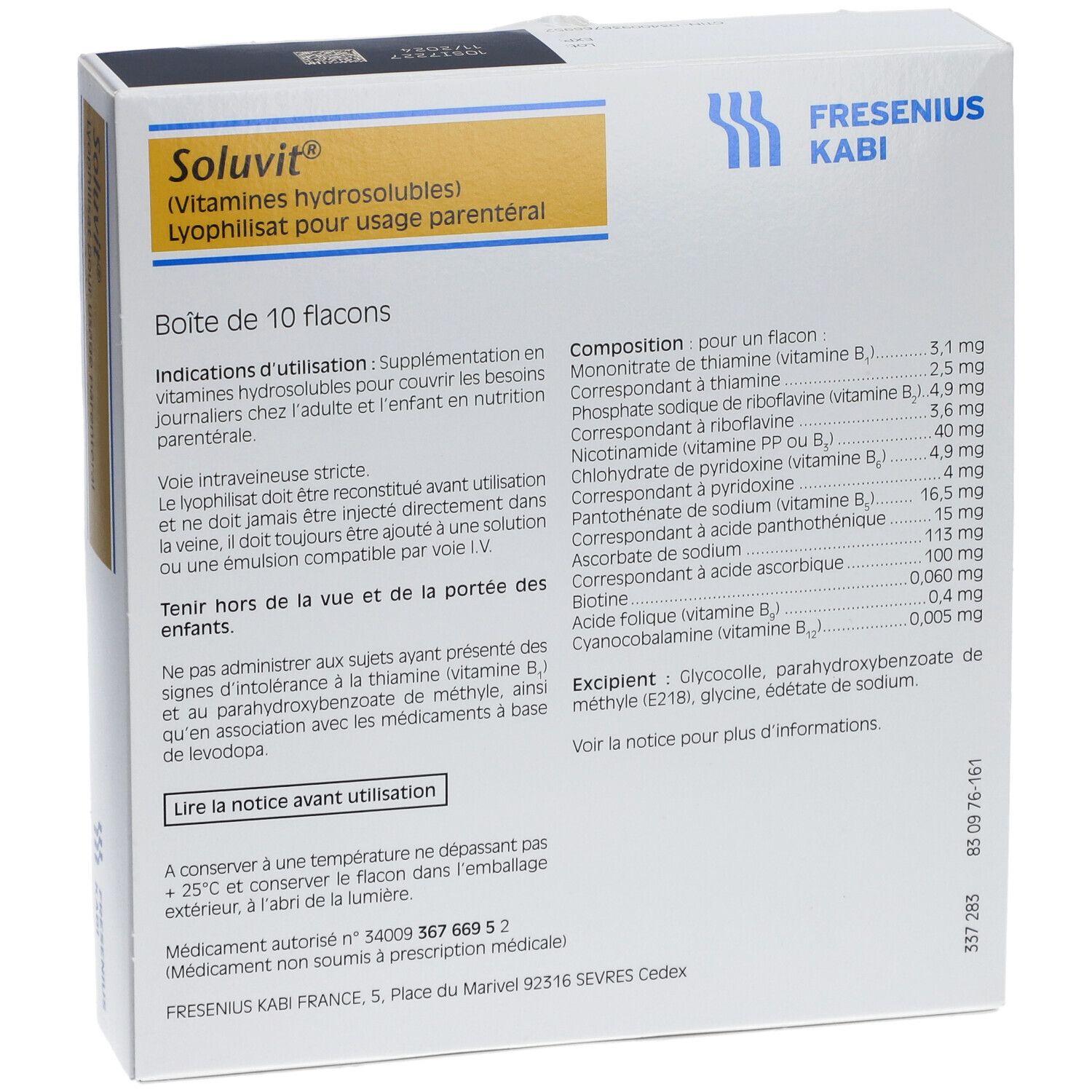 Fresenius Kabi Soluvit® Lyophilisat pour usage parentéral