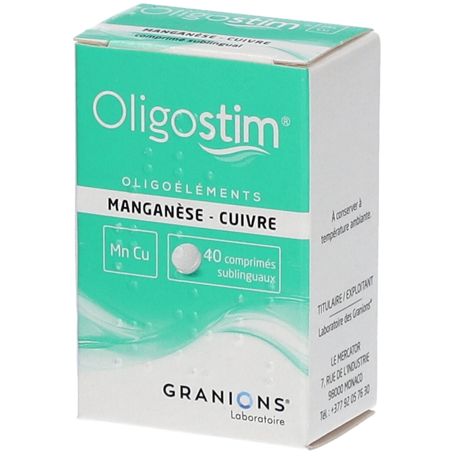 Boîte Oligostim Manganèse Cuivre. Emballage vert et blanc, nom du produit, 40 comprimés sublinguaux.