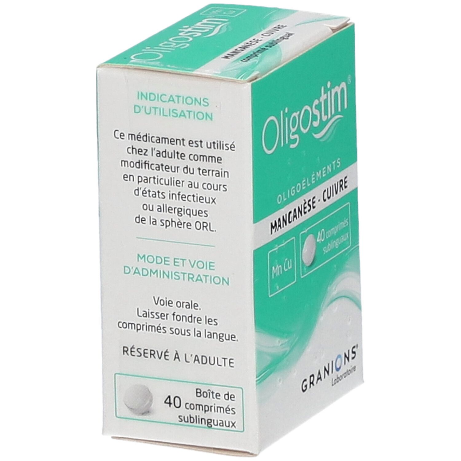 Boîte Oligostim Manganèse Cuivre, en biais. Texte: '40 comprimés sublinguaux'.