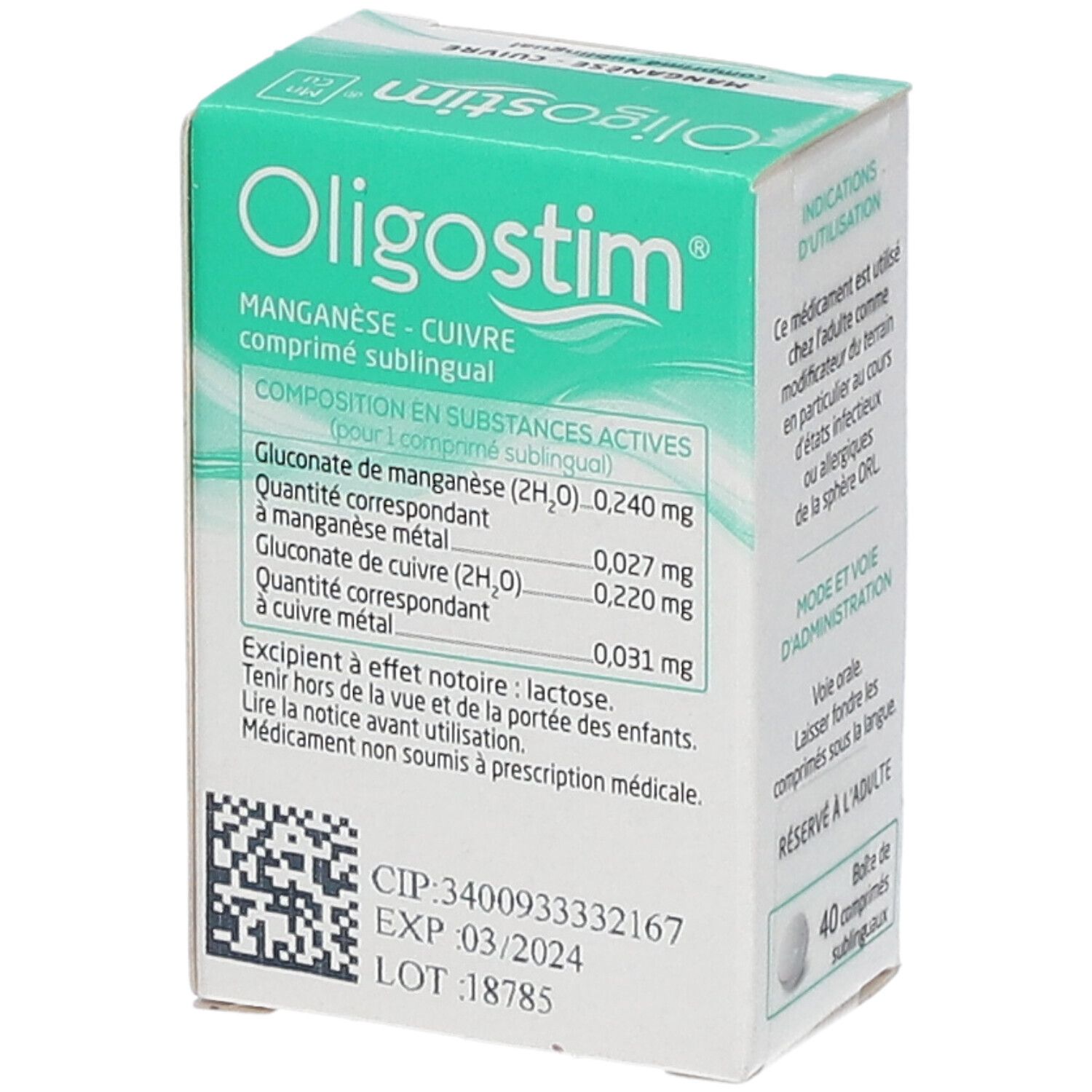Boîte Oligostim Manganèse Cuivre. Dos avec ingrédients et code QR.