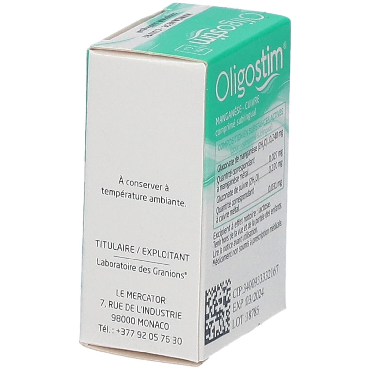 Boîte Oligostim Manganèse Cuivre, en biais. Texte: 'A conserver à température ambiante'.