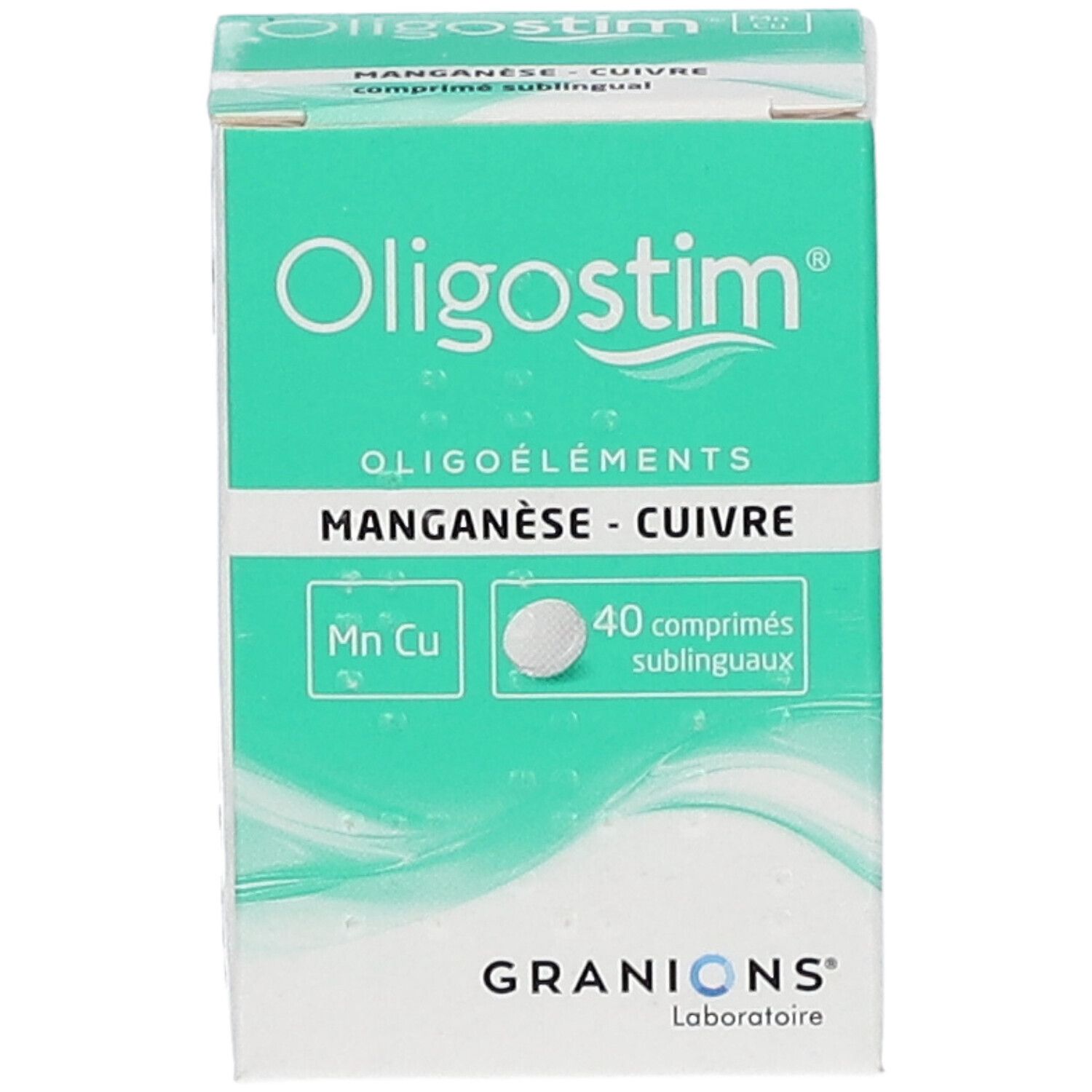 Boîte Oligostim Manganèse Cuivre. Emballage vert et blanc, nom du produit, 40 comprimés.