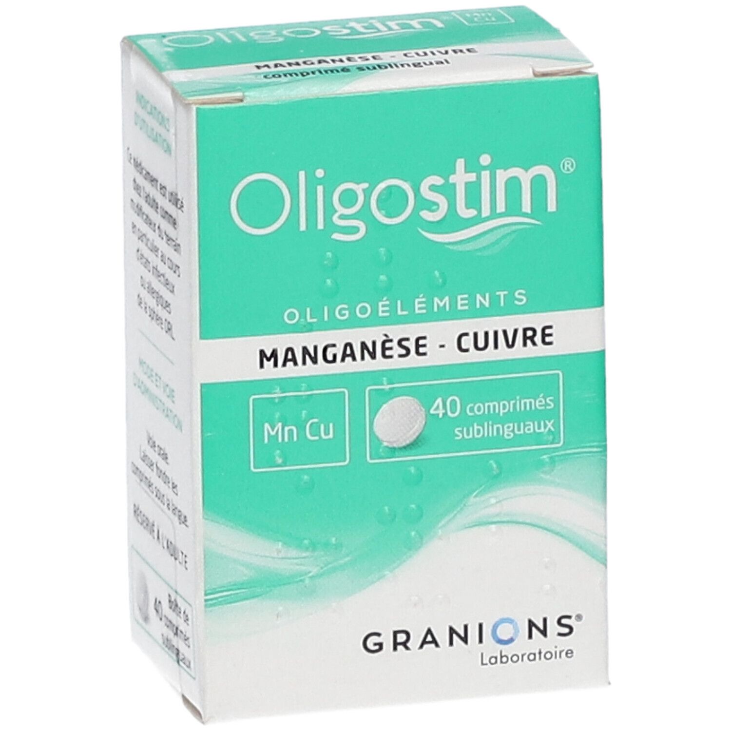 Boîte Oligostim Manganèse Cuivre. Emballage vert et blanc, nom du produit, 40 comprimés.