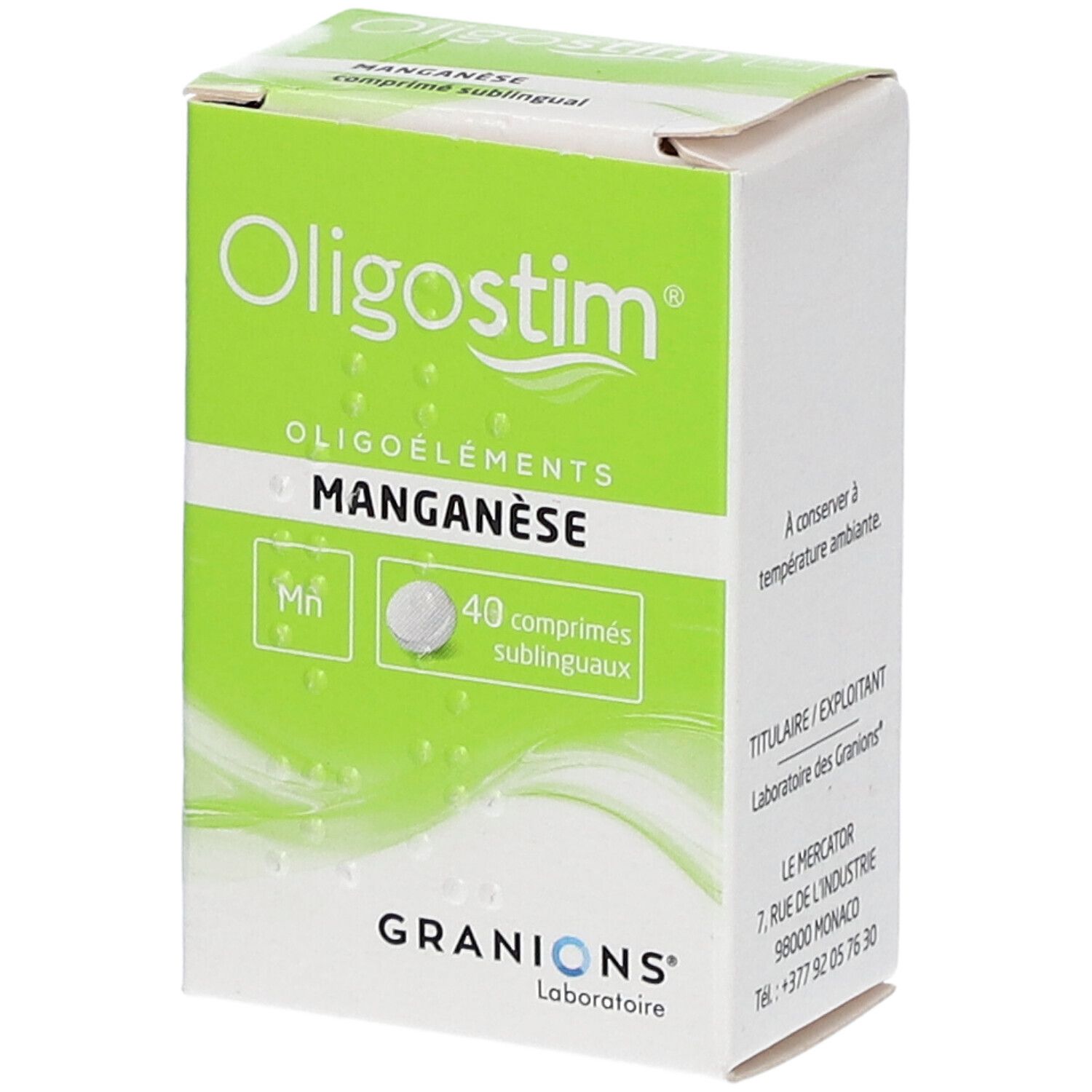 Boîte Oligostim Manganèse. Emballage vert et blanc. Inscription du nom du produit et 40 comprimés. Granions Laboratoire.
