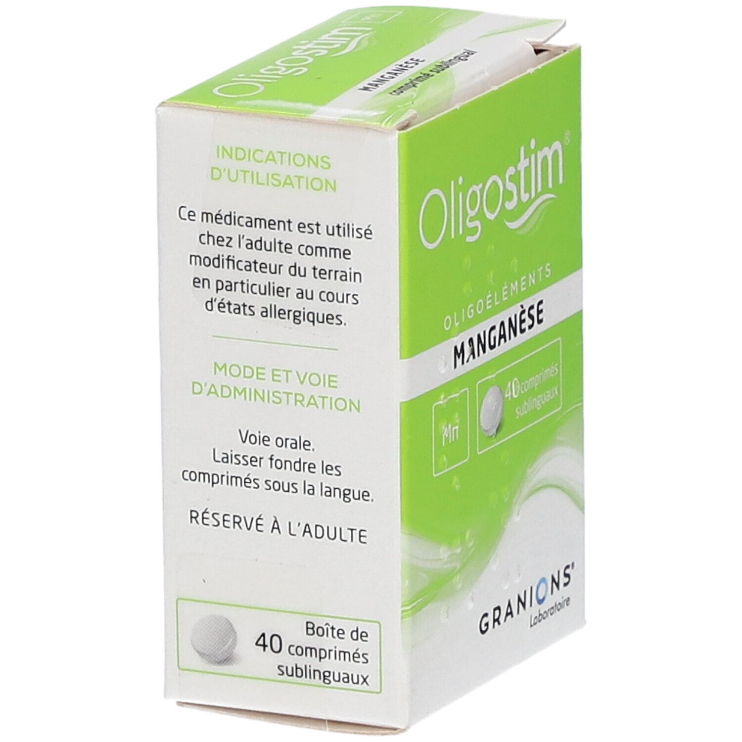 Boîte Oligostim Manganèse partiellement ouverte. Emballage vert et blanc. Nom du produit et 40 comprimés. Granions Laboratoire.
