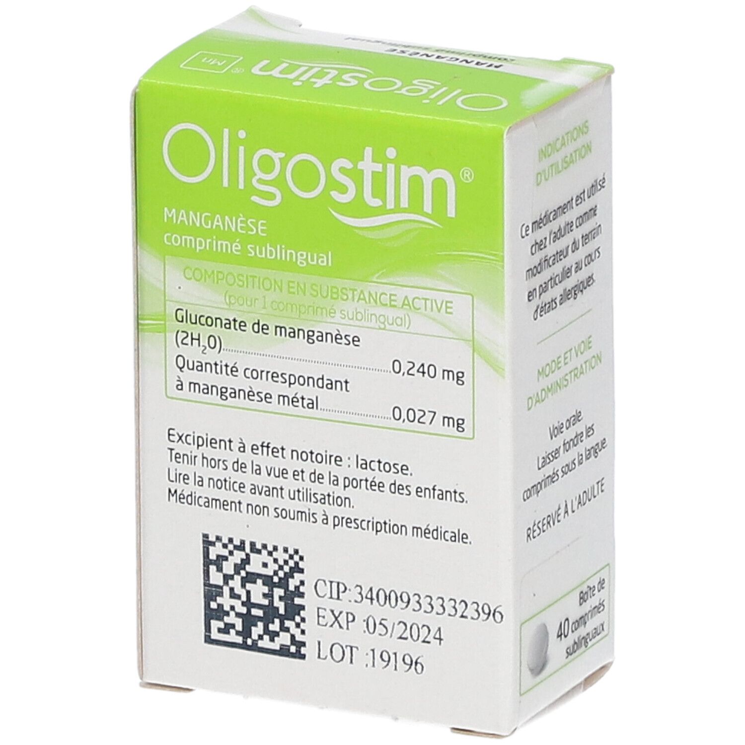 Boîte Oligostim Manganèse avec informations. Emballage vert et blanc. Contient des informations sur les ingrédients et le dosage.