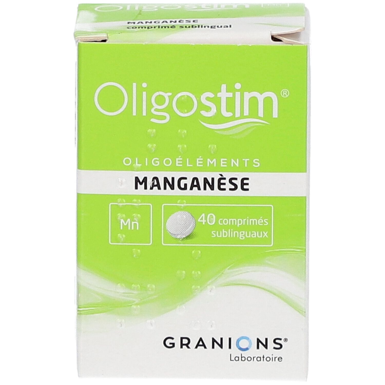 Boîte Oligostim Manganèse. Emballage vert et blanc. Inscription du nom du produit et 40 comprimés. Granions Laboratoire.