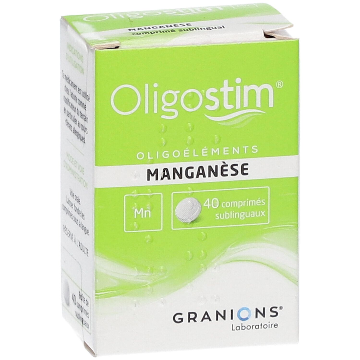 Boîte Oligostim Manganèse. Emballage vert et blanc. Inscription du nom du produit et 40 comprimés. Granions Laboratoire.