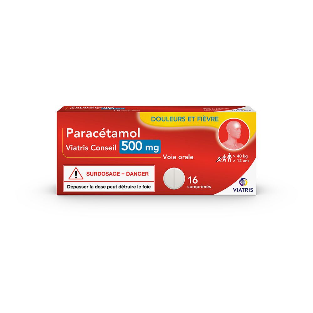 Boîte rouge Paracétamol Viatris 500 mg. Contient 16 comprimés. Avertissement : le surdosage peut endommager le foie.