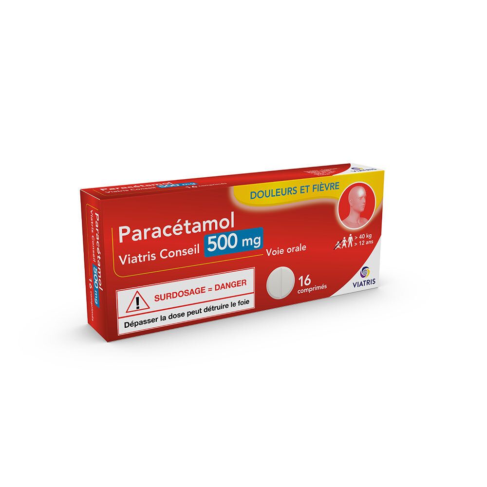 Boîte rouge Paracétamol Viatris 500 mg. Contient 16 comprimés. Avertissement : le surdosage peut endommager le foie.