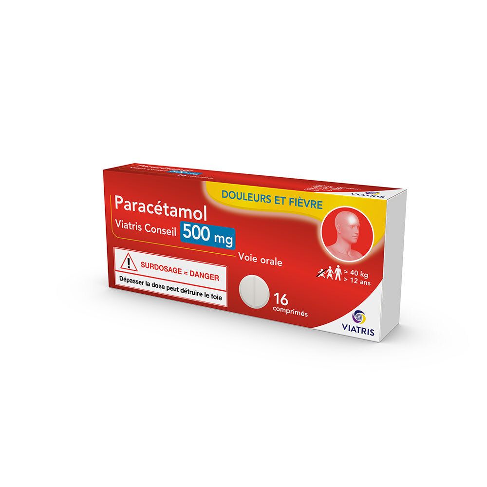 Boîte rouge Paracétamol Viatris 500 mg. Contient 16 comprimés. Avertissement : le surdosage peut endommager le foie.