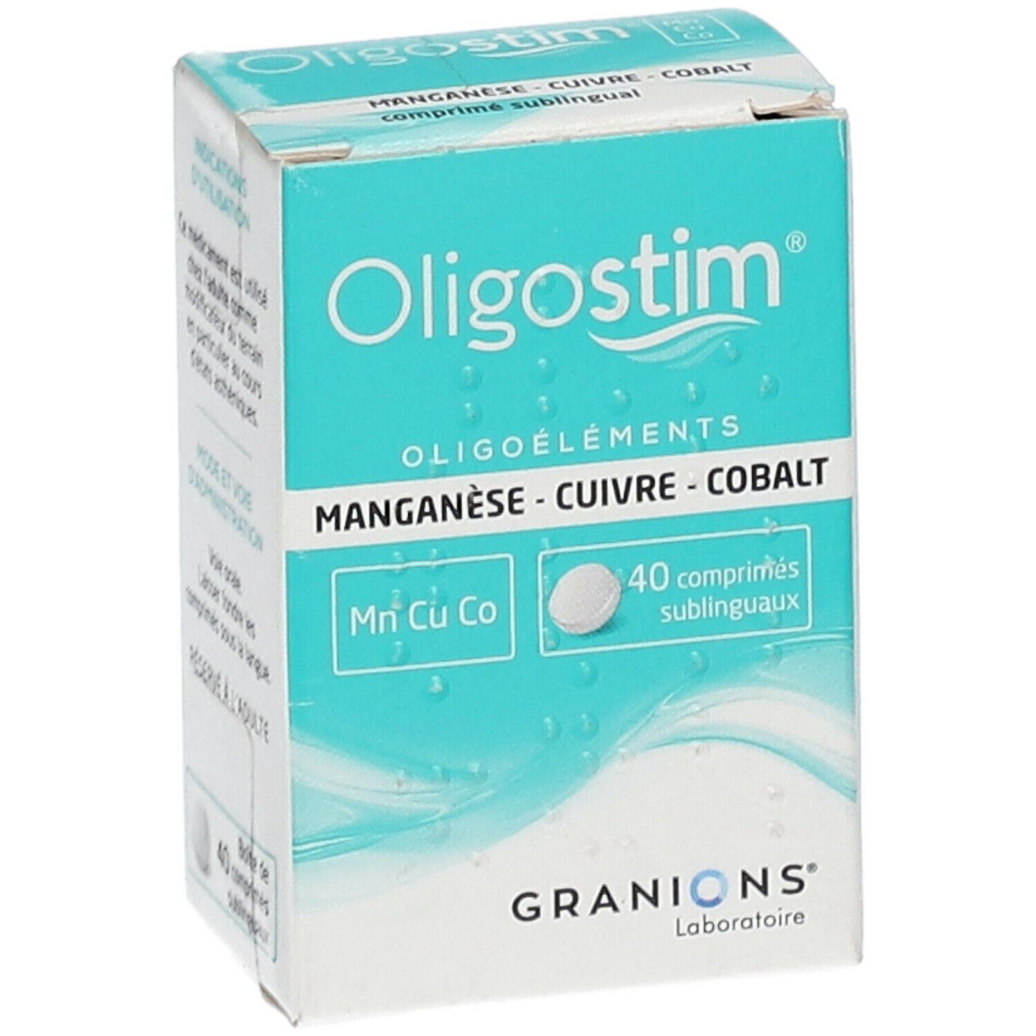 Boîte de comprimés Oligostim. Contient manganèse, cuivre et cobalt. 40 comprimés sublinguaux.