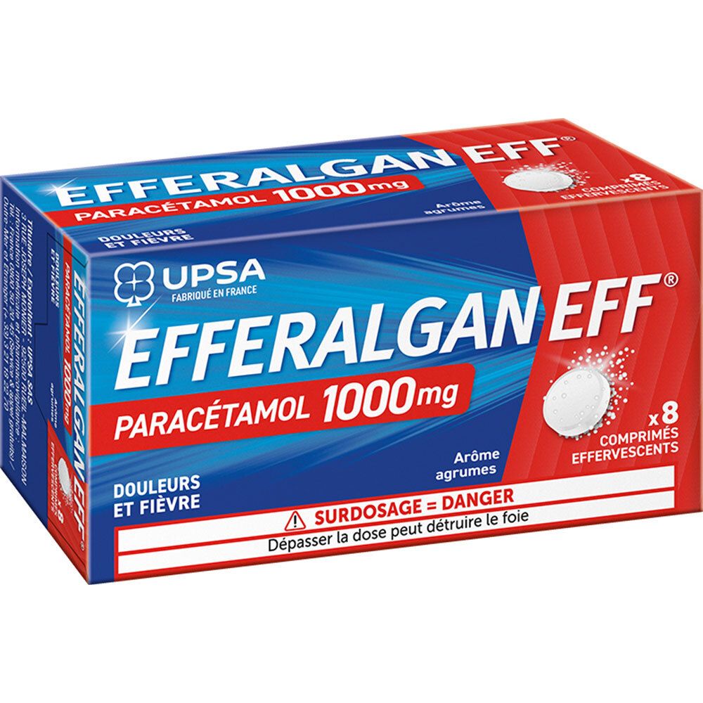Boîte EFFERALGAN 1000 mg, comprimés effervescents. Inscription en rouge et bleu. 8 comprimés.