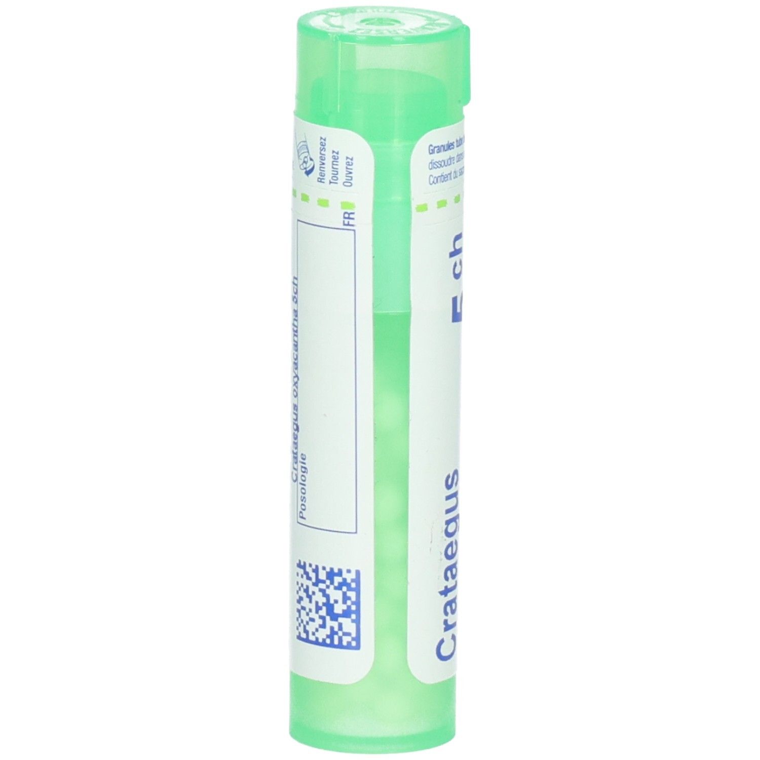 Tube vert avec granules, Crataegus oxyacantha 5 CH, dos avec étiquette.
