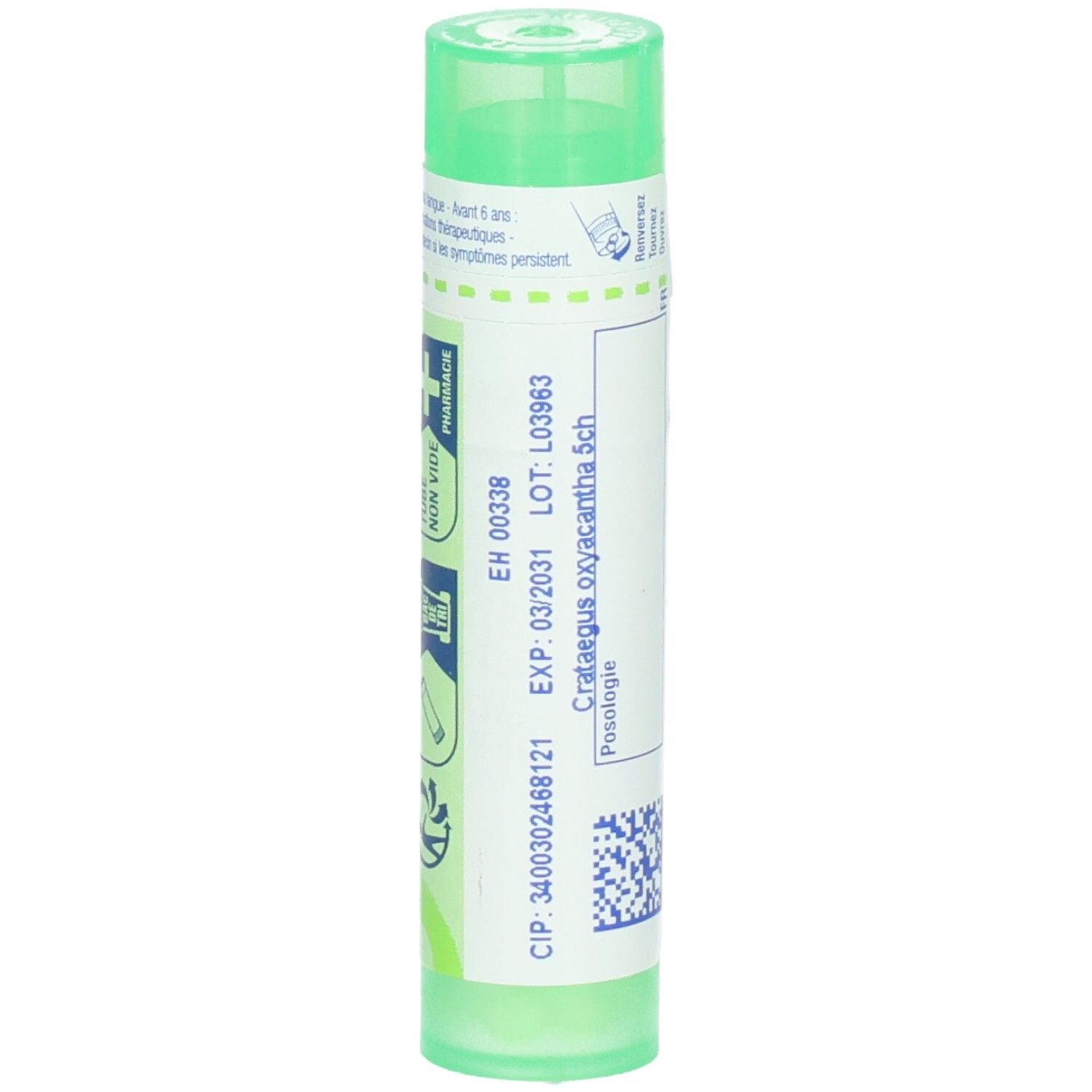 Tube vert avec granules, Crataegus oxyacantha 5 CH, avec numéro de lot et date d'expiration.