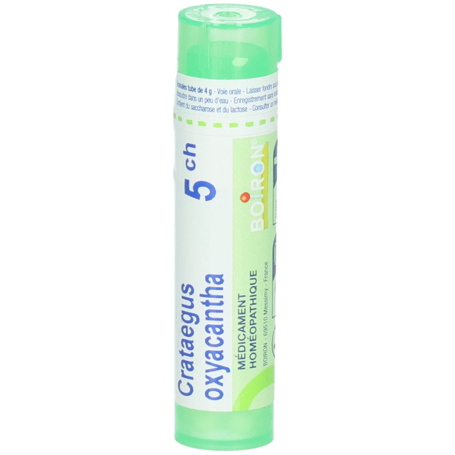 Tube vert avec granules, Crataegus oxyacantha 5 CH, avec logo Boiron.