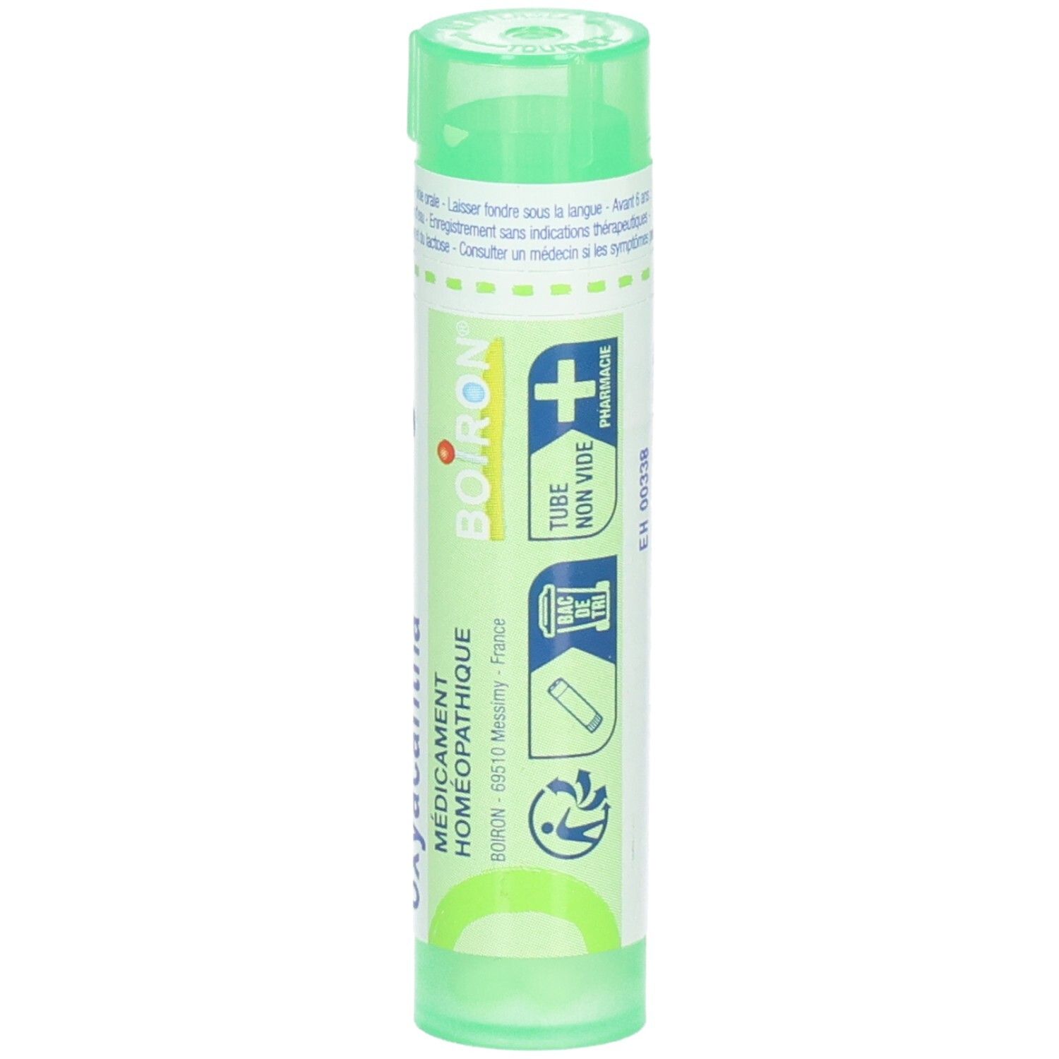 Tube vert avec granules, Crataegus oxyacantha 5 CH, avec logo Boiron et symboles médicaux.