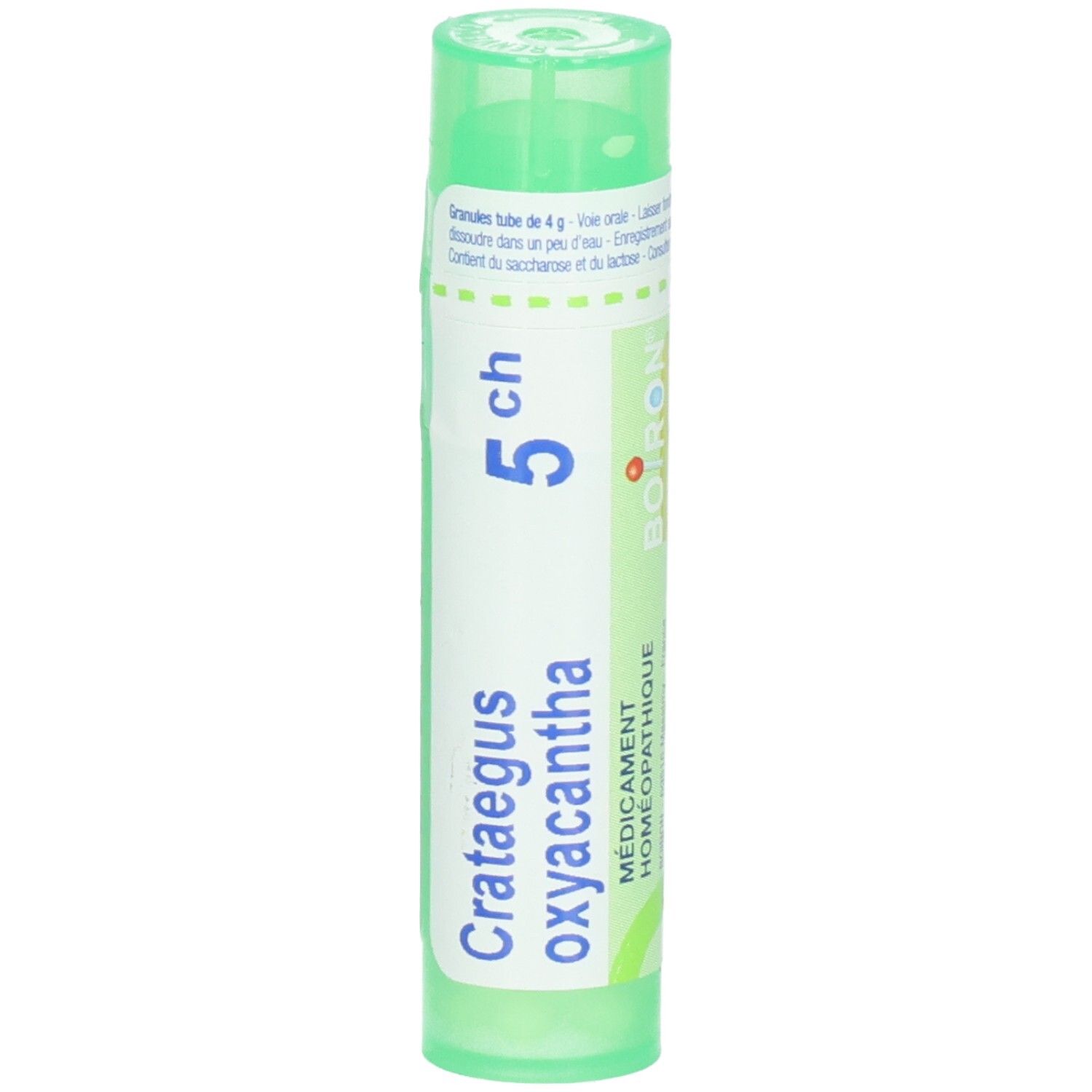 Tube vert avec granules, Crataegus oxyacantha 5 CH, avec logo Boiron et instructions.