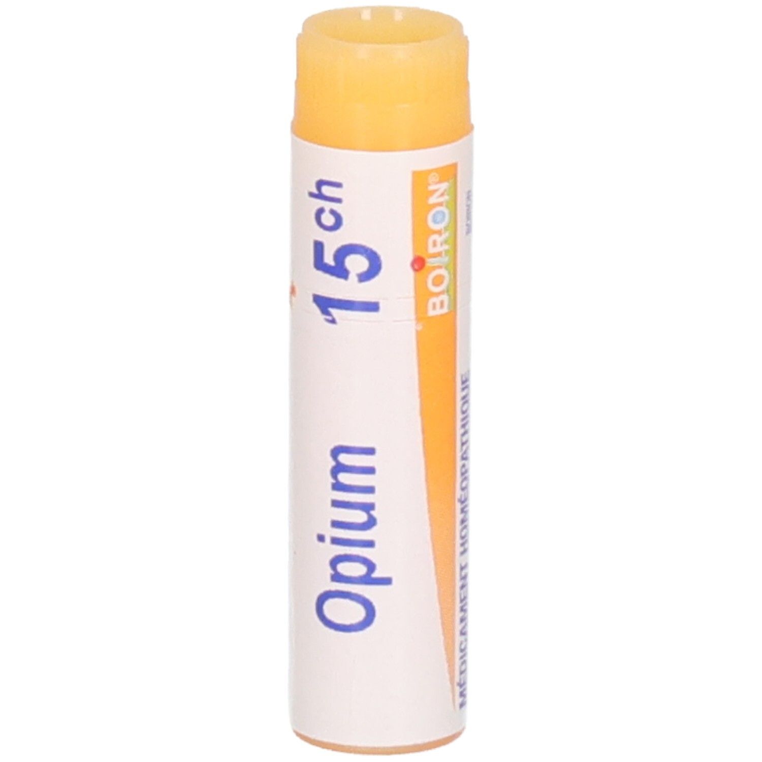 Opium 15 CH de Boiron : Globules dans un tube blanc avec bouchon orange.