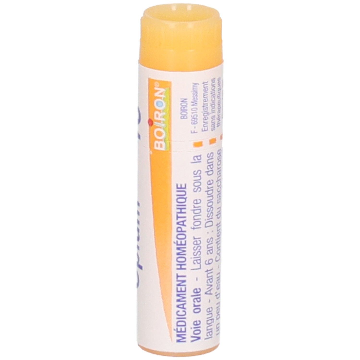 Opium 15 CH Boiron : Globules dans un tube blanc, verso avec instructions.