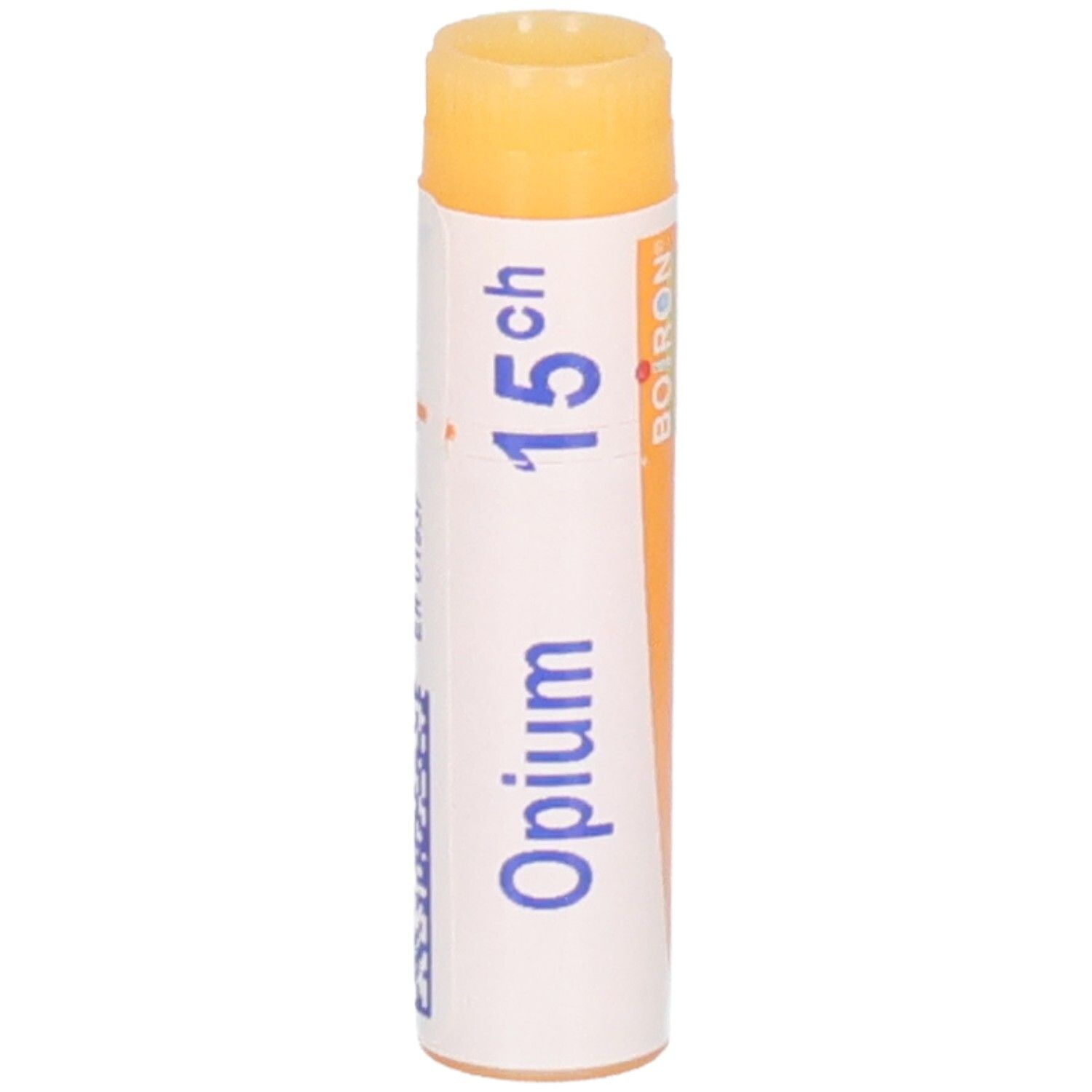 Opium 15 CH : Globules dans un tube blanc avec bouchon orange et logo Boiron.