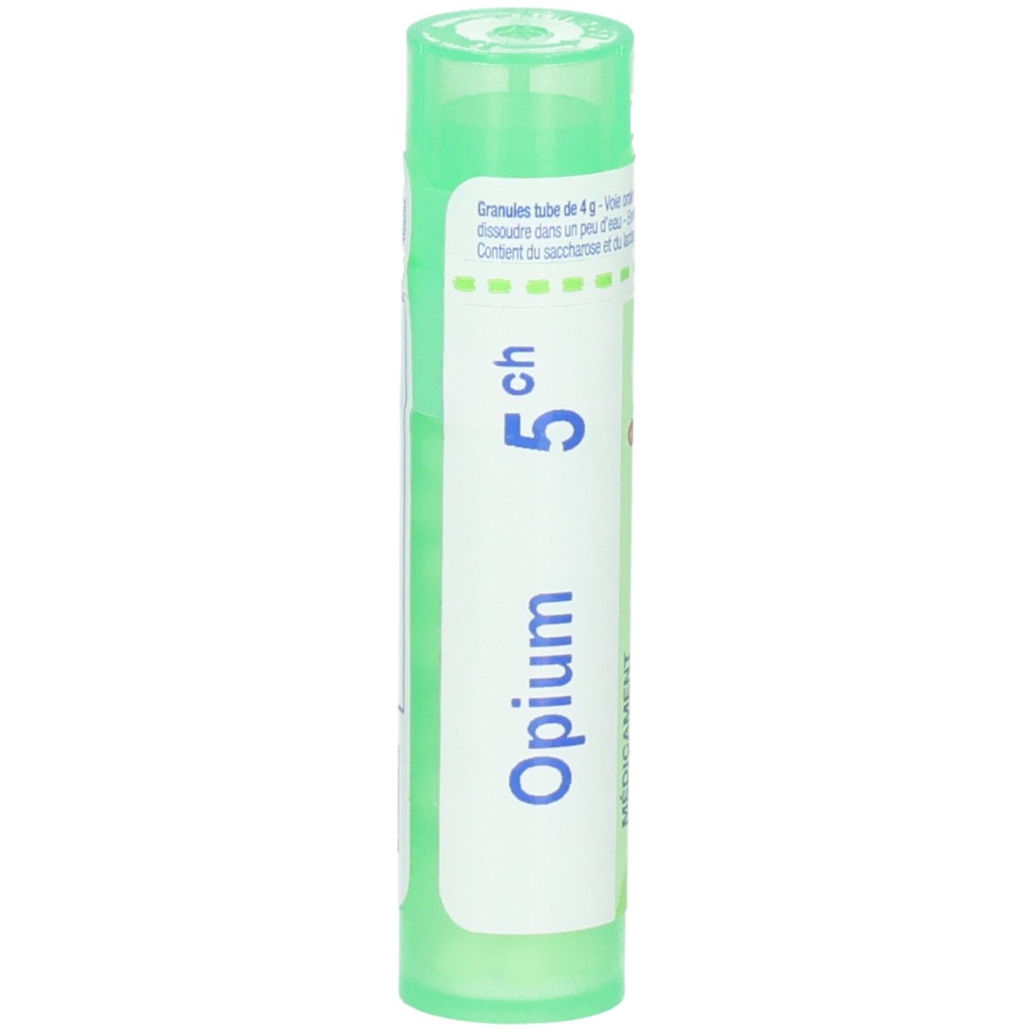Tube vert avec inscription "Opium 5ch" et "Boiron".