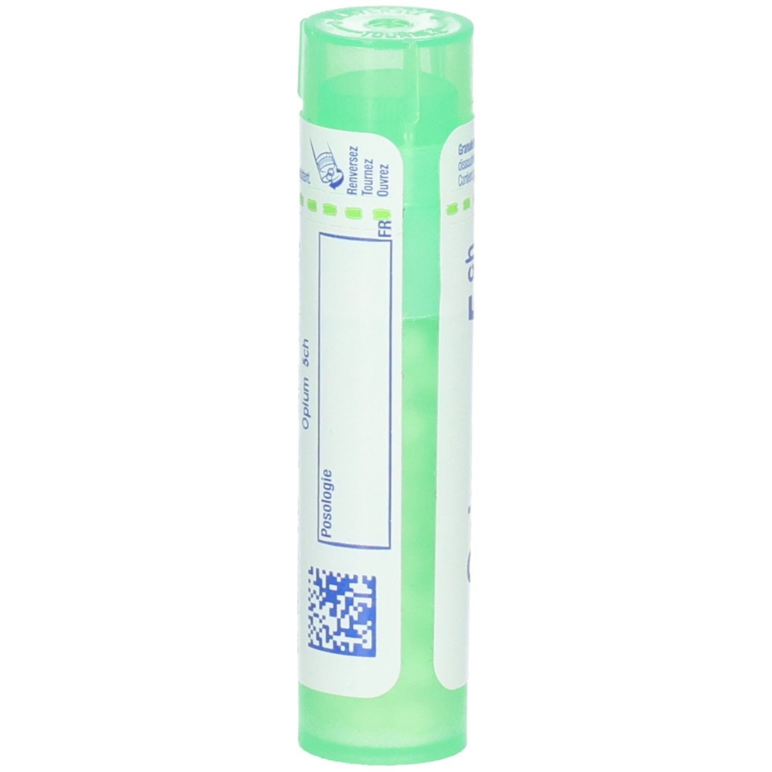 Arrière d'un tube vert avec inscription "Opium 5ch" et "Posologie".