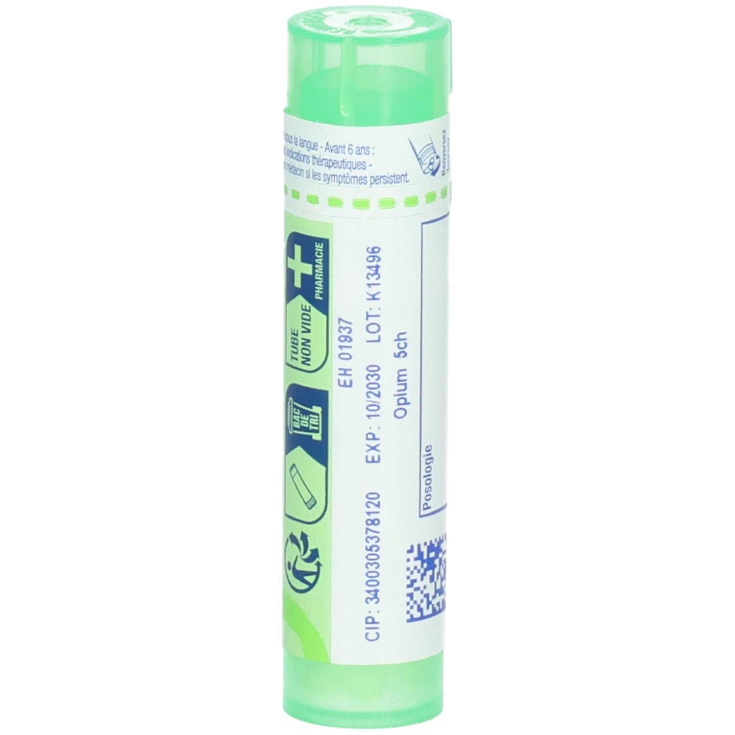 Tube vert avec inscription "Opium 5ch", "Boiron" et "Médicament homéopathique".
