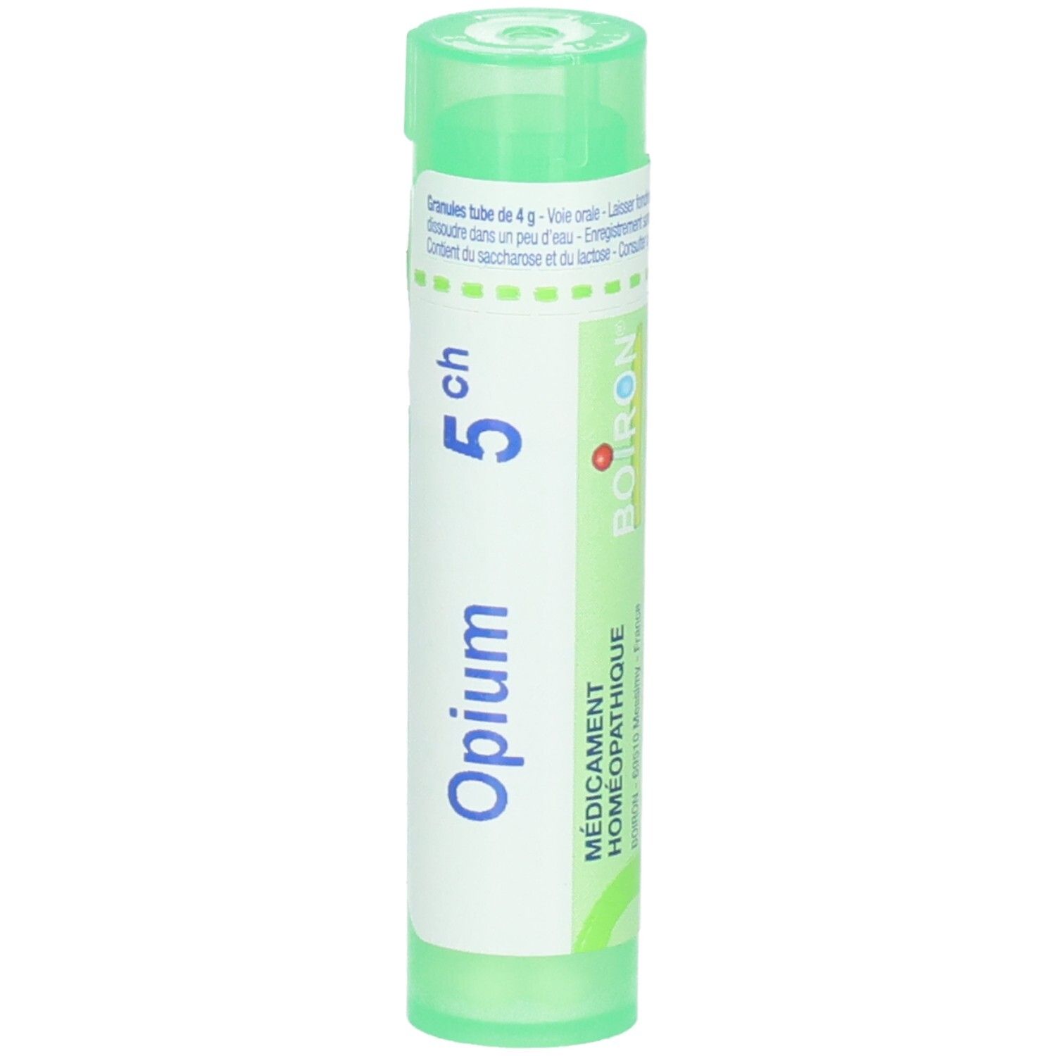 Tube vert avec inscription "Opium 5ch" et "Boiron".