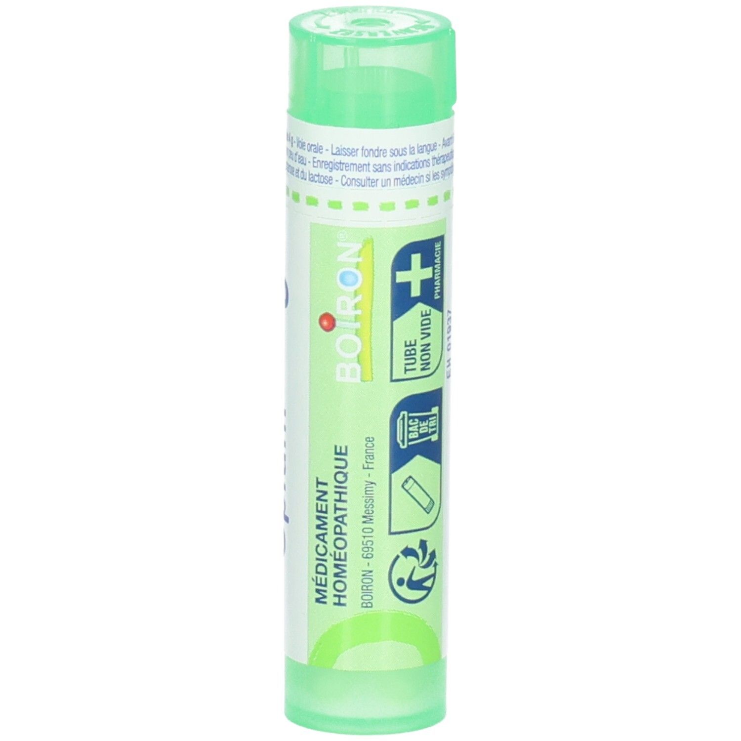 Tube vert avec inscription "Boiron" et "Médicament homéopathique".