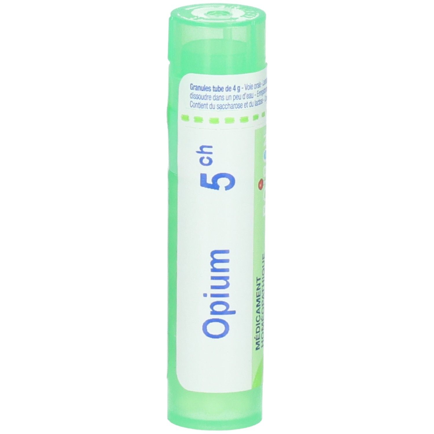 Tube vert avec inscription "Opium 5ch" et "Boiron".