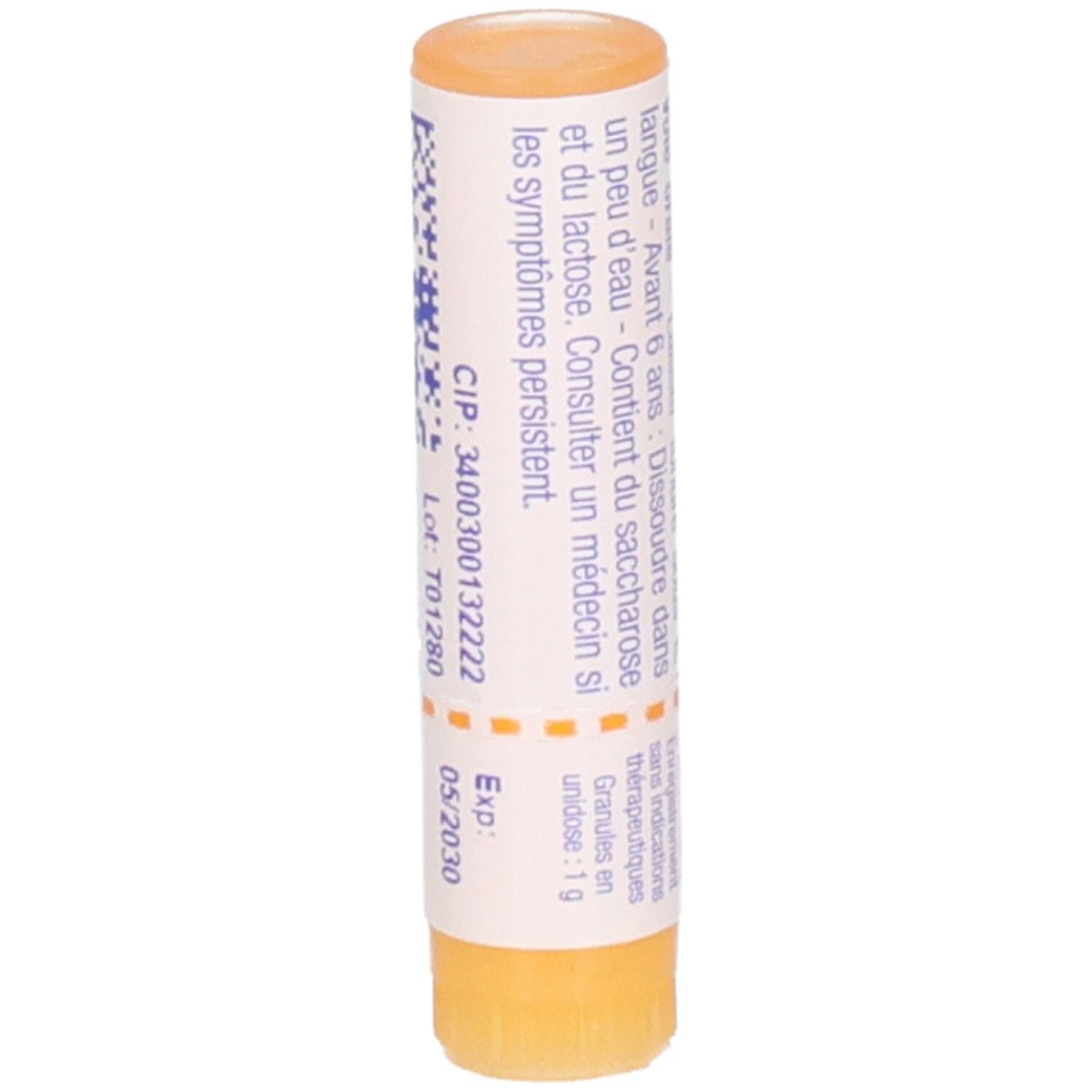Tube de médicament homéopathique, date d'expiration 05/2030.