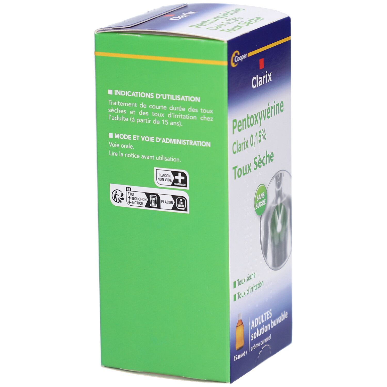 Côté vert de la boîte Clarix. Contient des informations sur l'utilisation et l'administration. Avec pictogrammes et texte.