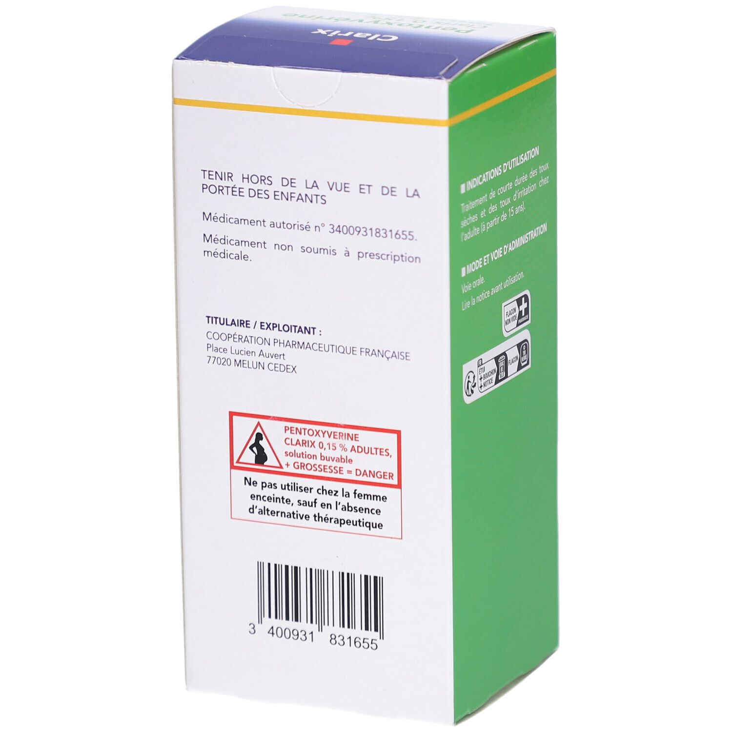 Dos de la boîte Clarix. Contient des avertissements, un code-barres et les coordonnées du fabricant.