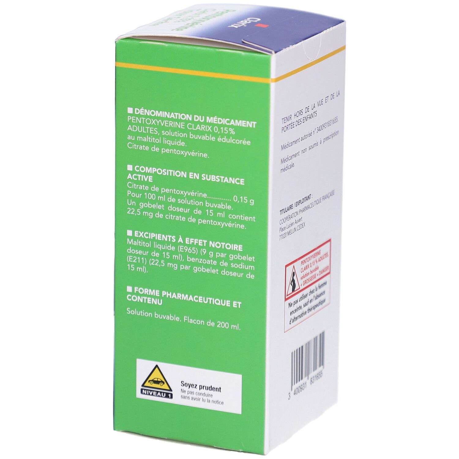 Côté de la boîte Clarix avec informations sur la composition et le dosage. Contient des avertissements.