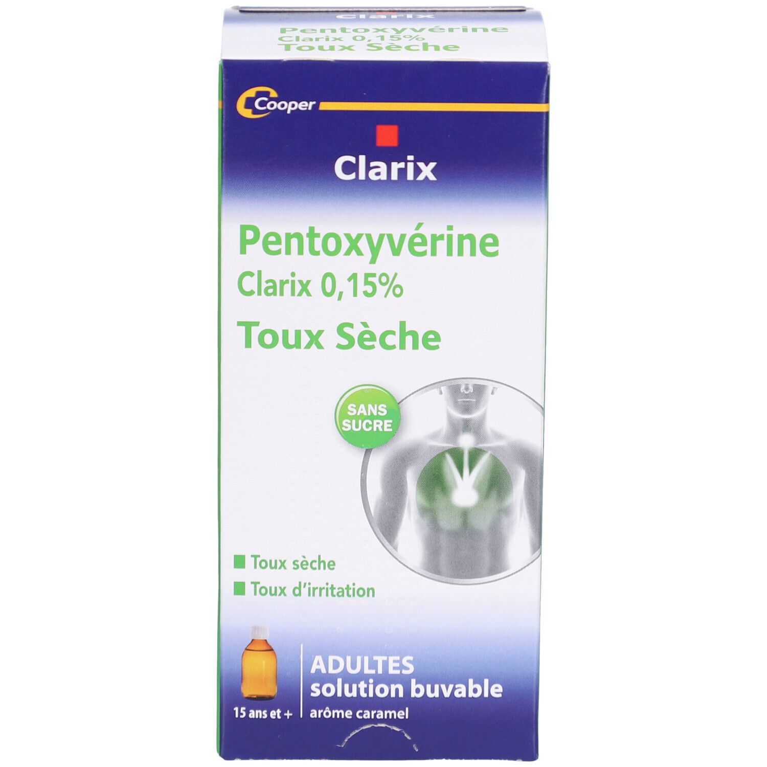 Face avant de la boîte Clarix. Contient le nom du produit, l'ingrédient actif et les indications. Sans sucre.