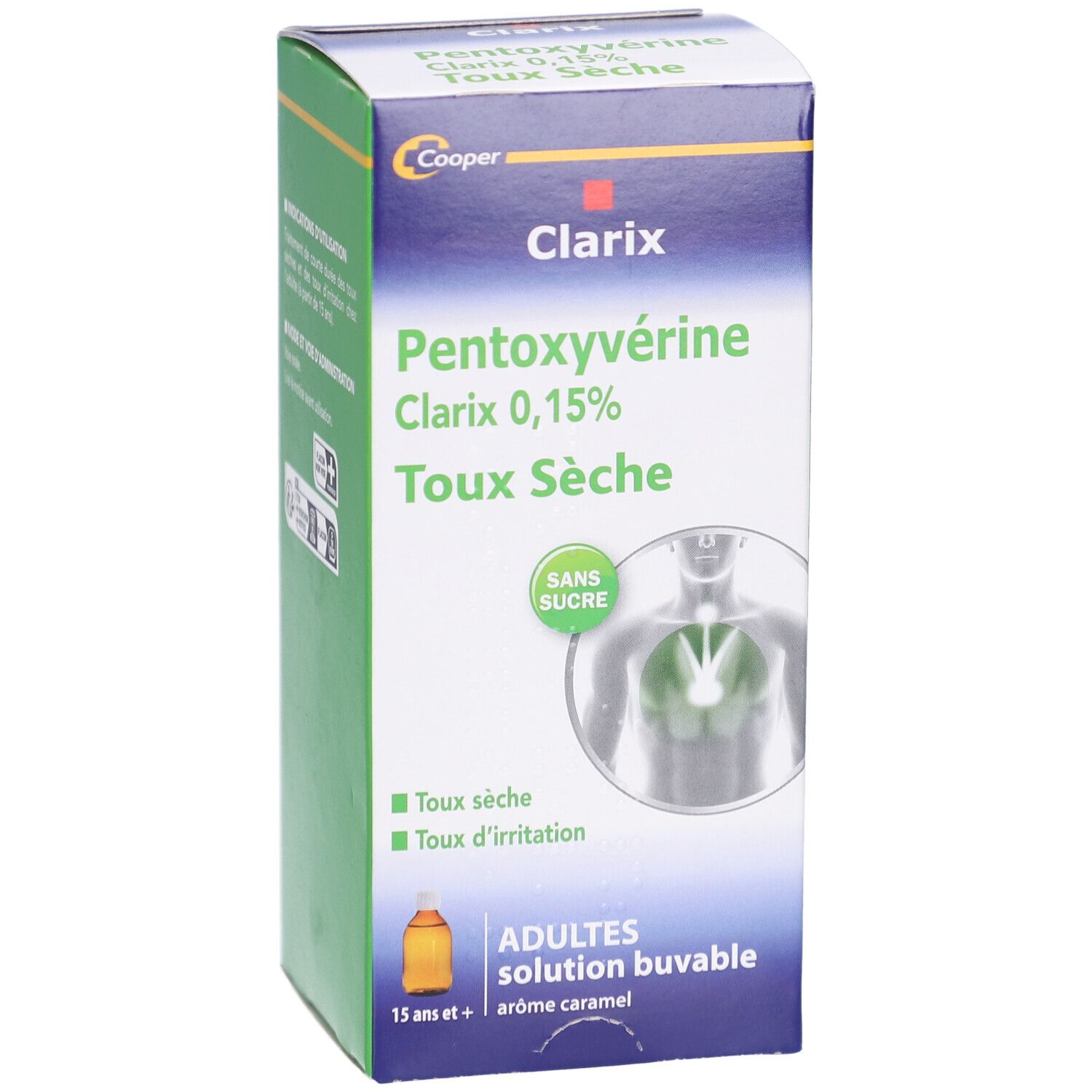 Face avant de la boîte Clarix. Nom du produit, ingrédient actif, indications. Solution pour adultes, arôme caramel.