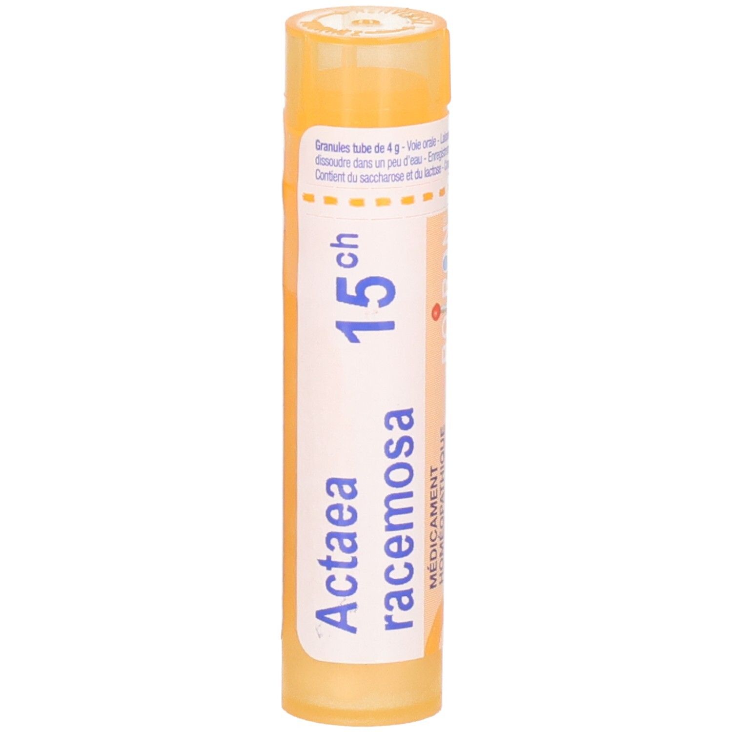 Tube orange avec granules, étiquette : Actaea racemosa 15ch.
