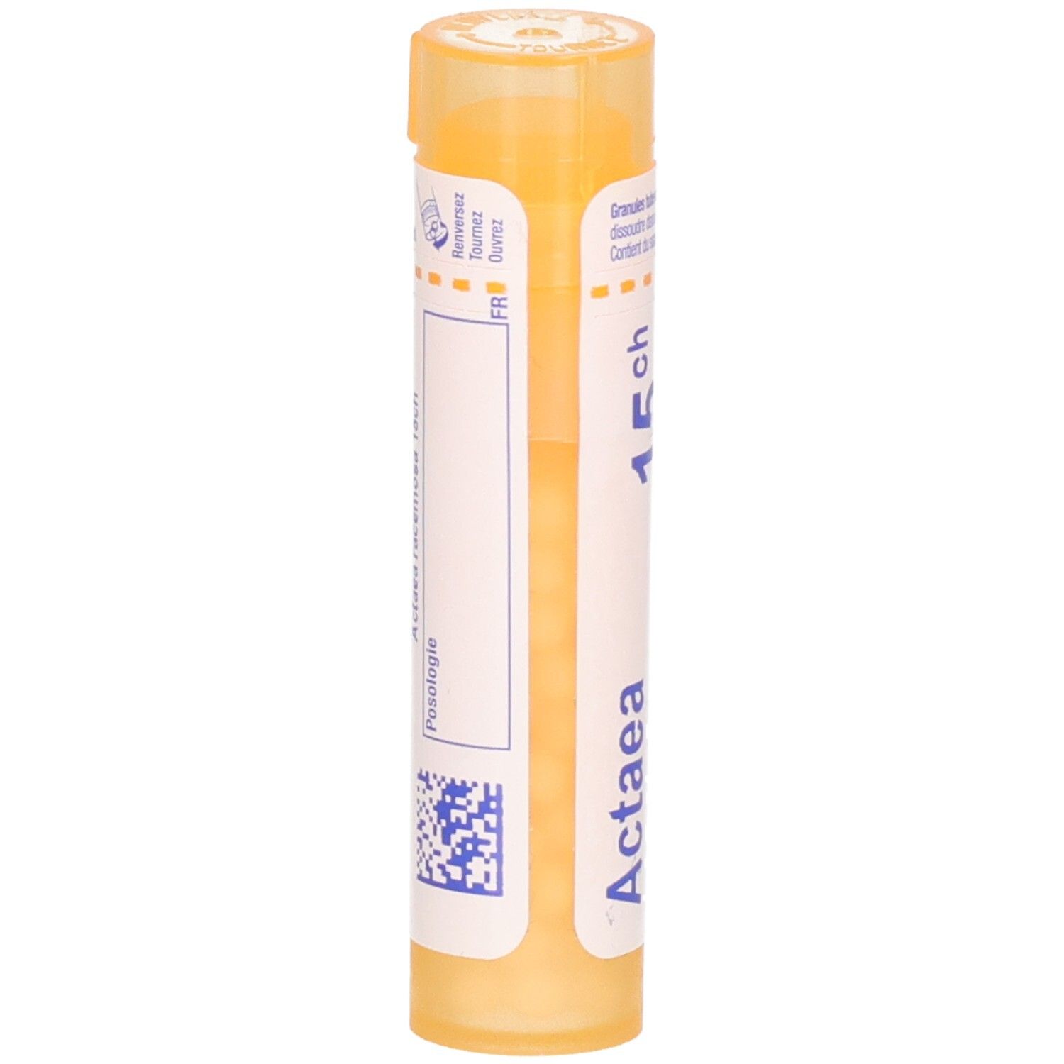 Tube orange avec granules, étiquette : Actaea racemosa, Posologie.