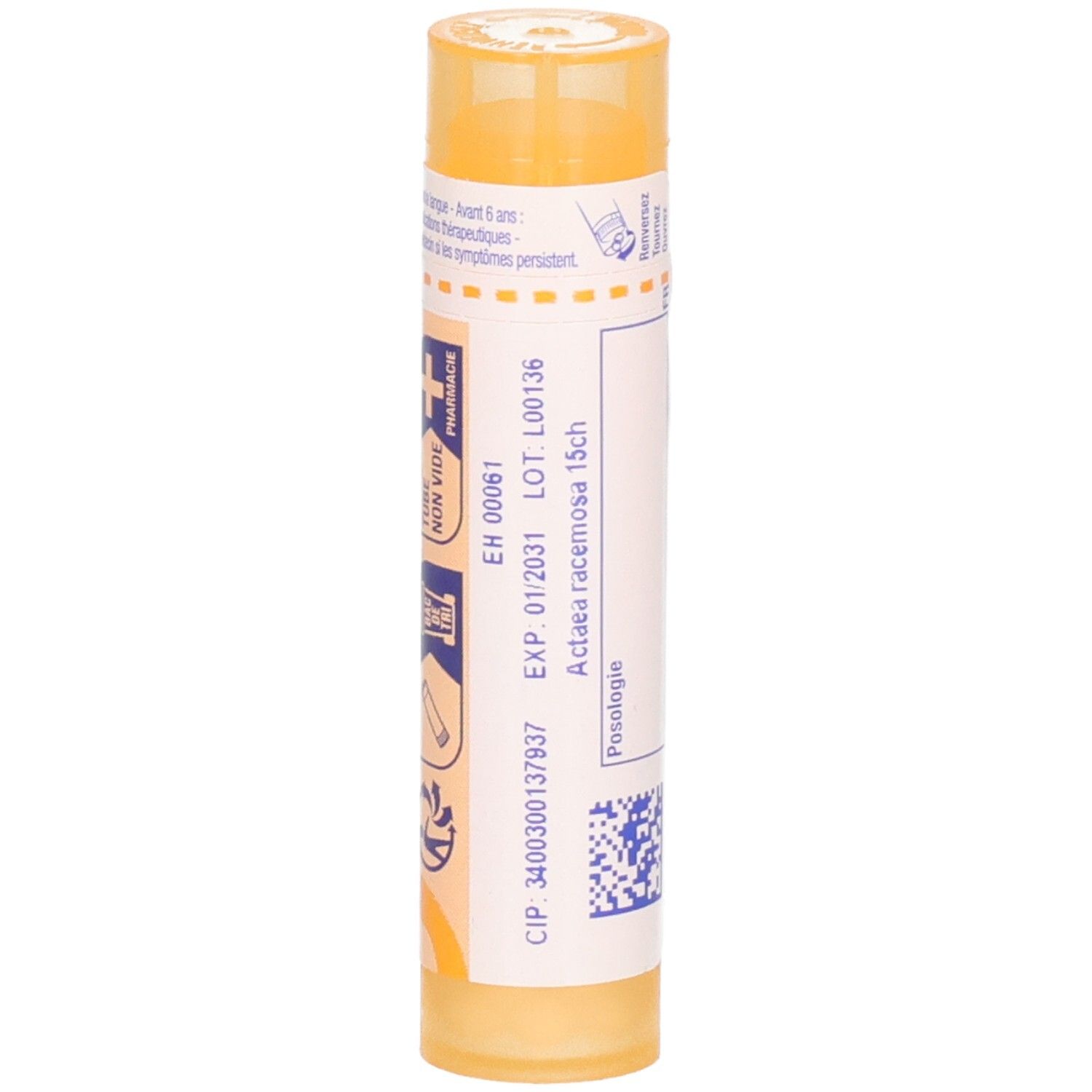 Tube orange avec granules, étiquette : Actaea racemosa 15ch, date d'expiration.