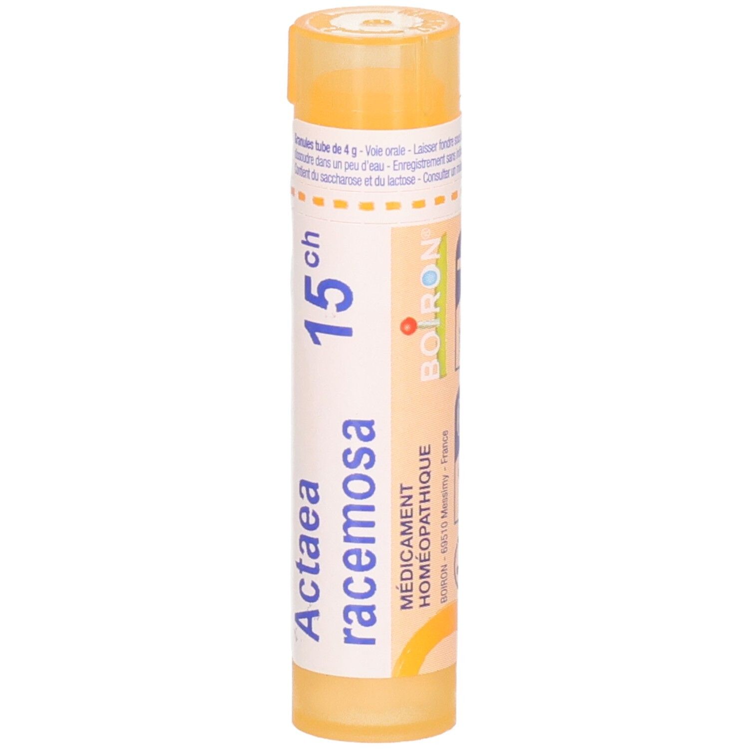 Tube orange avec granules, étiquette : Actaea racemosa 15ch, Boiron.