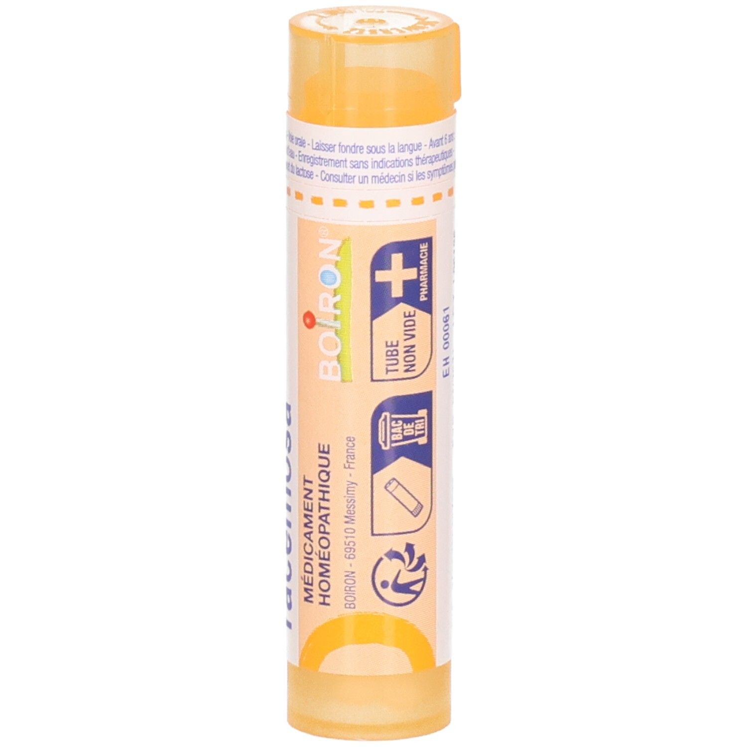 Tube orange avec granules, étiquette : Boiron, Médicament Homéopathique.