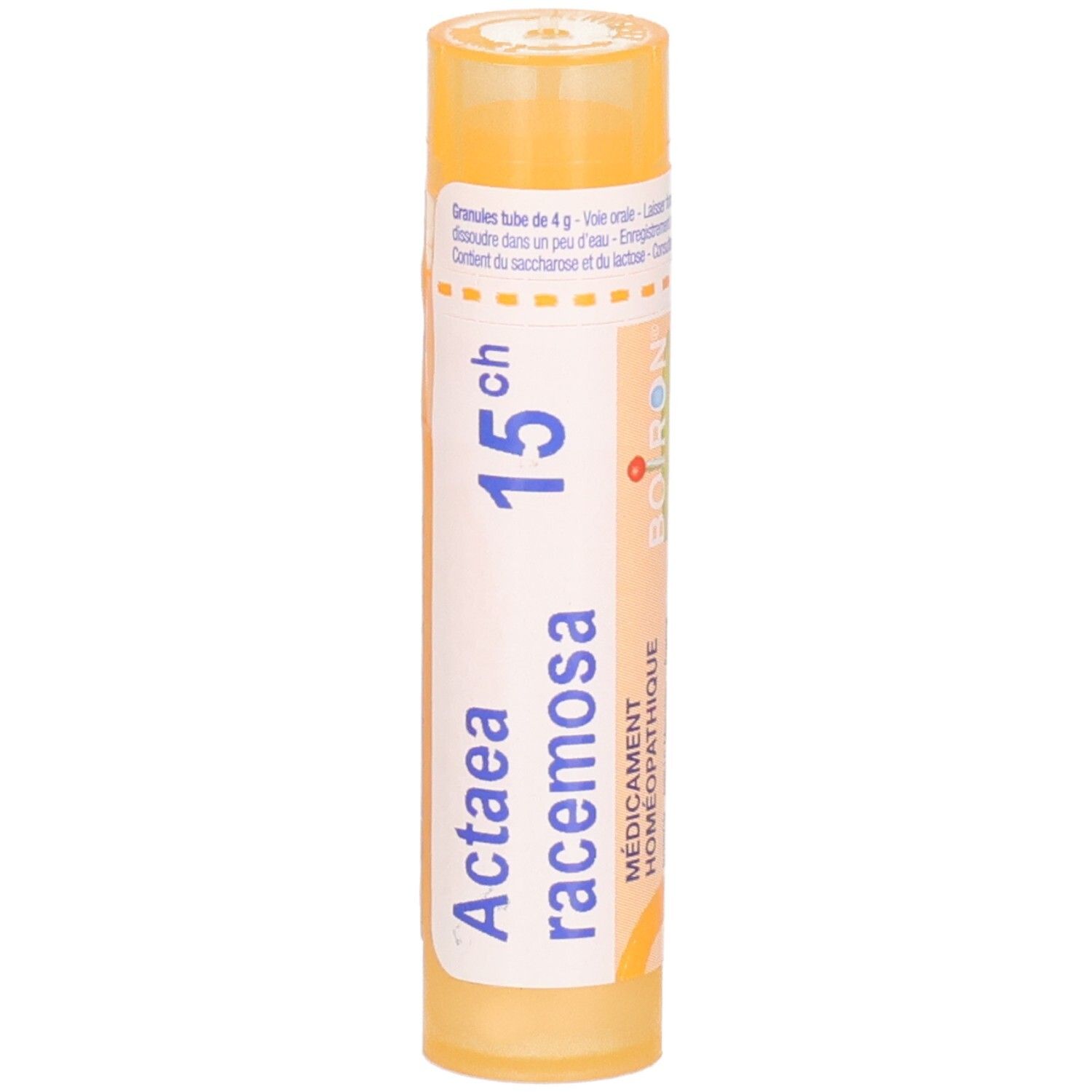 Tube orange avec granules, étiquette : Boiron, Actaea racemosa 15ch.