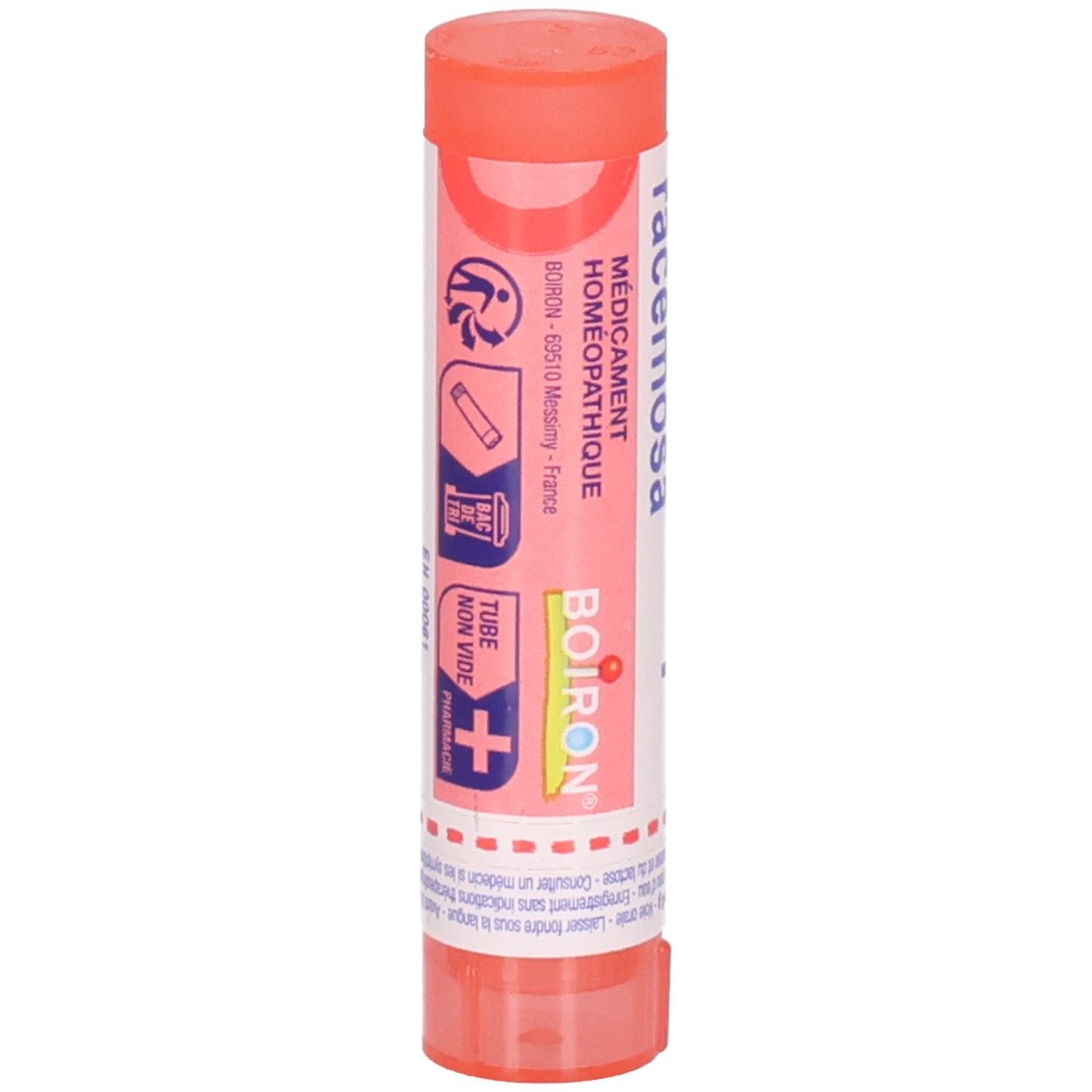 Tube de granules, Actaea Racemosa 7 CH, Boiron. Avec symboles d'application.