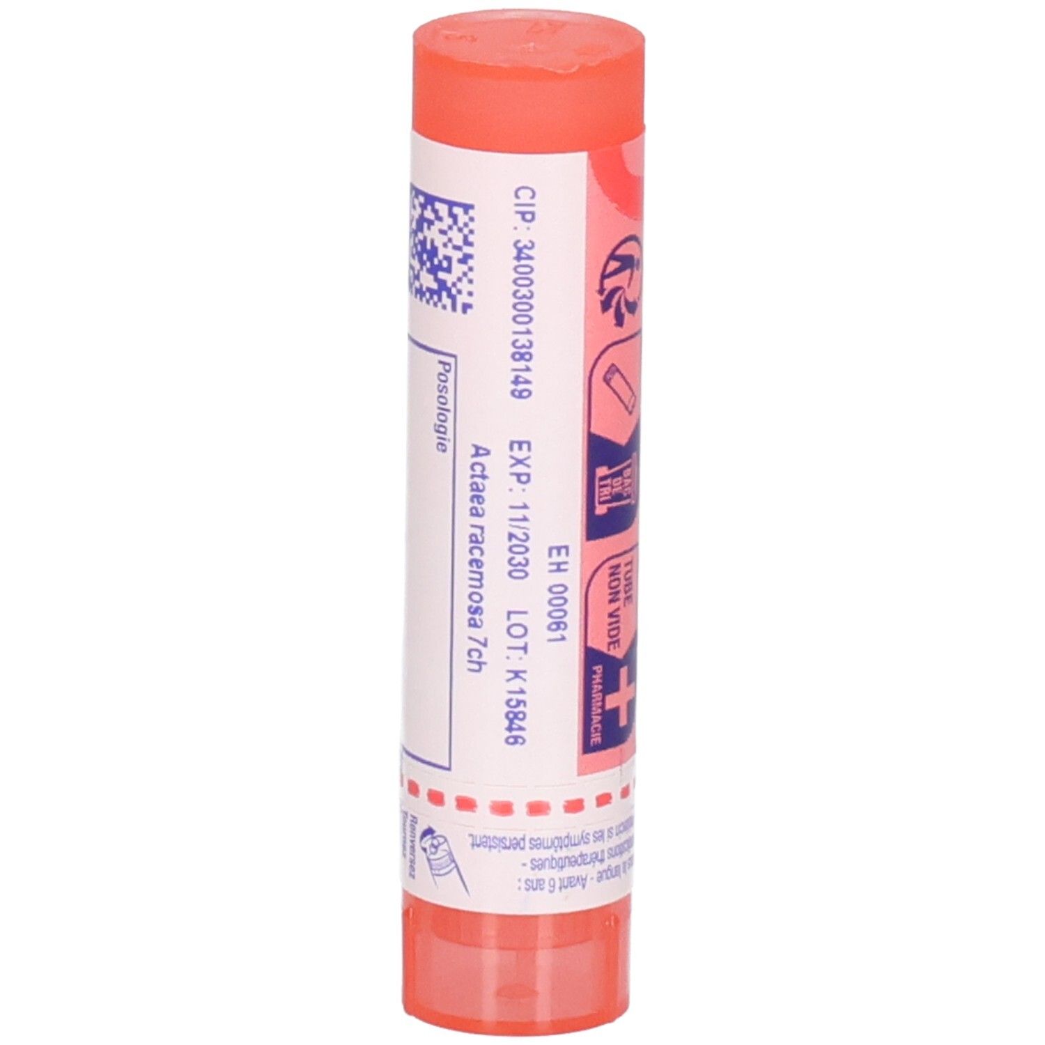 Tube de granules, Actaea Racemosa 7 CH, Boiron. Avec numéro de lot et date de péremption.