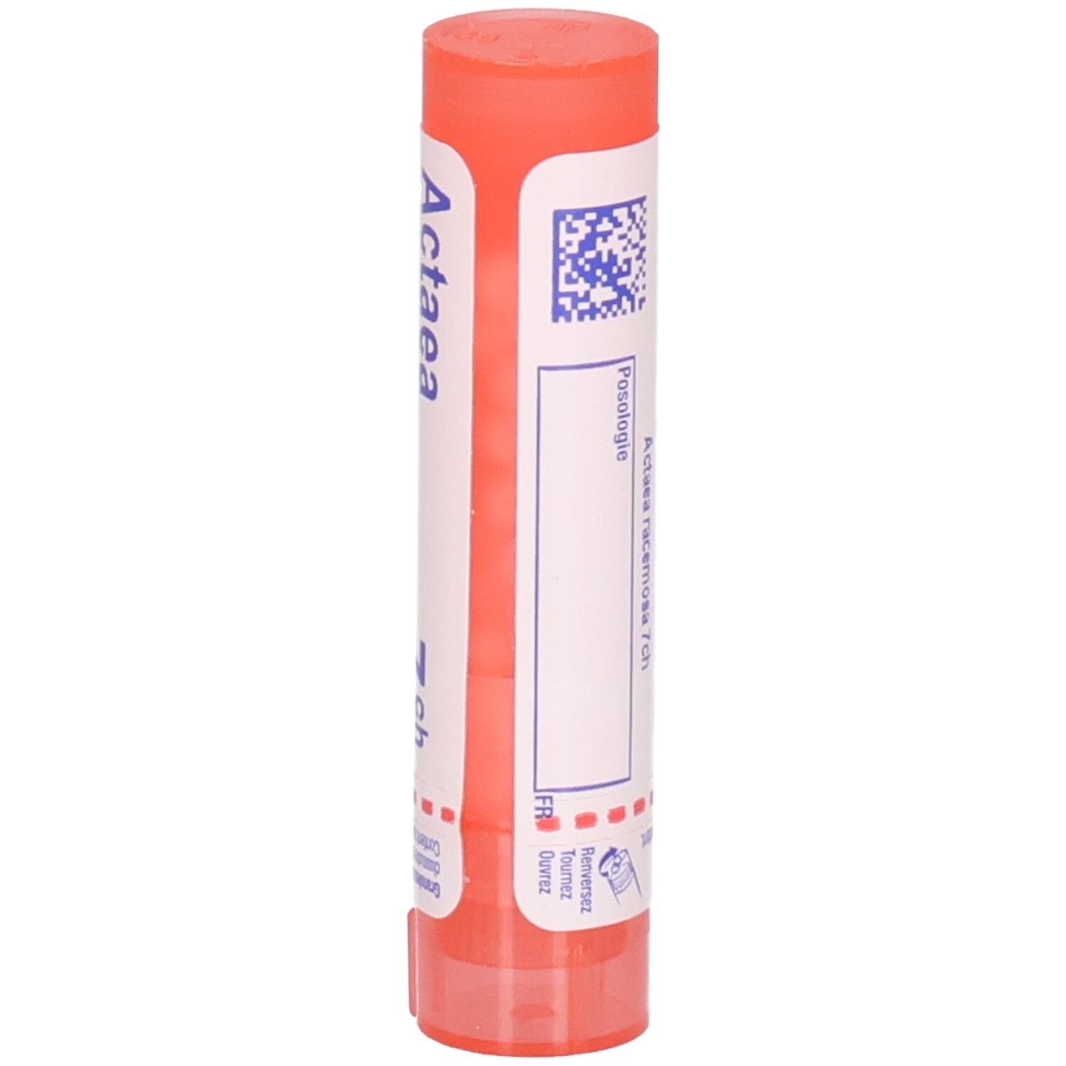 Tube de granules, Actaea Racemosa 7 CH, Boiron. Dos de l'emballage avec instructions de dosage.