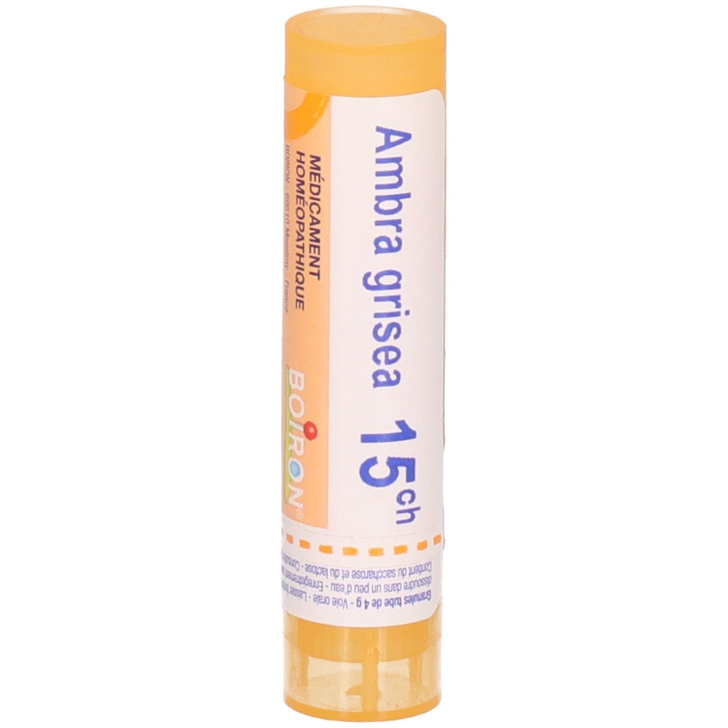 Tube granules Boiron Ambra grisea 15CH. Bouchon et étiquette orange avec informations produit.