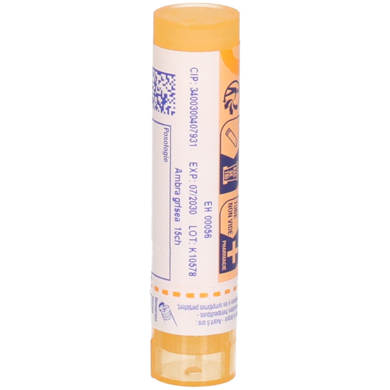 Vue latérale du tube Boiron Ambra grisea 15CH avec date d'expiration et numéro de lot.